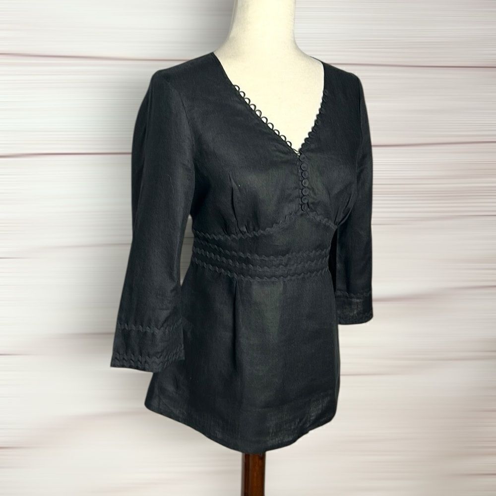NWOT Anne Fontaine Charlette Blouse Top LinenβBlack V-Neck Tie Back Fr40 US6-8